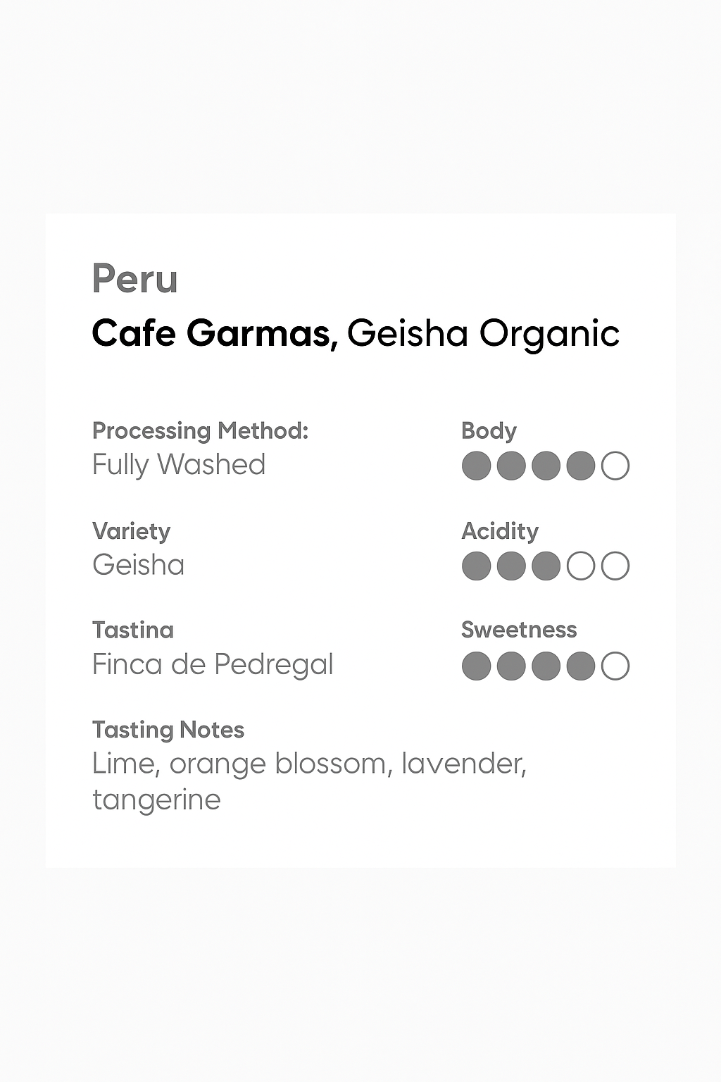 Peru Cafe Garmas Geisha Washed Organic